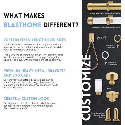 BlastHome® Luxury French Return Room Darkening Brackets, Brushed Gold