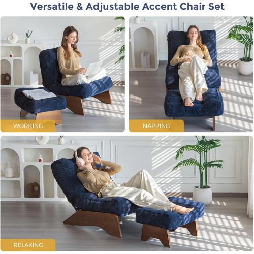 MAXYOYO Accent Chair with Ottoman Adjustable Backrest, Tufted Living Room Chair Upholstered Lounge Chair with Footrest Set, Modern Chair Cozy Reclining Chair for Reading Room, Navy