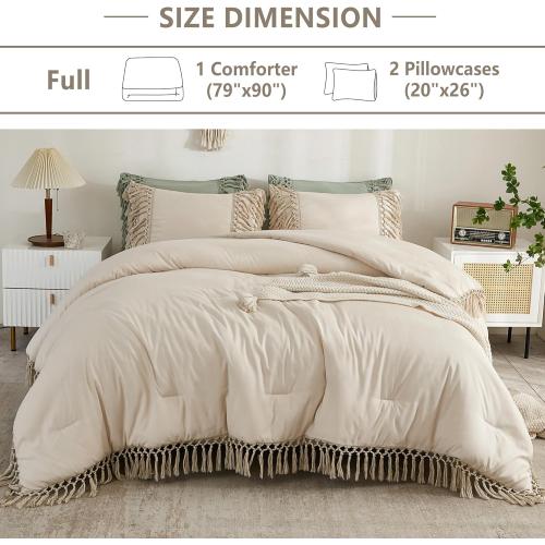Full Size Comforter Sets Beige, 3 Pieces Boho Bed Comforter Full, Lightweight Tassel Bedding Comforter Set, All Season Bed Set (79x90In Comforter & 2 Pillowcases)