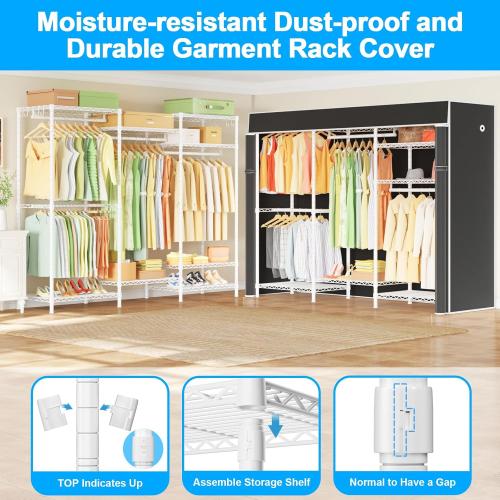 Ulif E13C Heavy Duty Closet Organizer System，Freestanding Clothing Racks for Hanging Clothes，Adjustable Garment Rack 63 W x 16 D x 77 H Hold 960 lbs，White Clothing Rack with Black Dustproof Cover