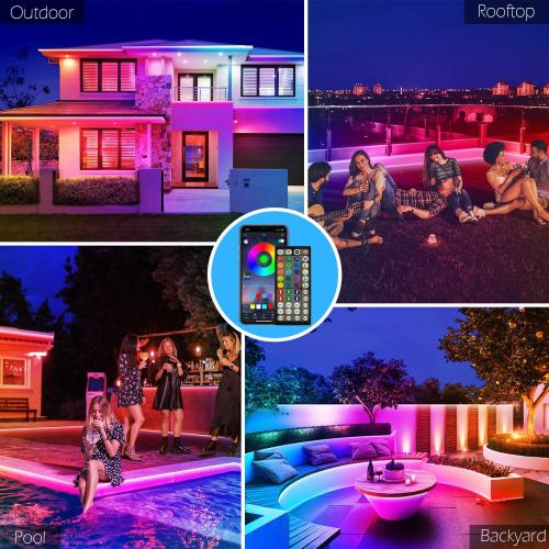 FBZ 100Ft Outdoor Waterproof LED Strip Lights,Music Sync RGB IP65 Led Lights with App Control and Remote,Color Changing Waterproof Led Rope Lights for Outdoor,Balcony,Roof,Garden,Stairs Party