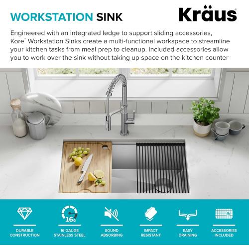 KRAUS Kore 32-Inch Undermount Workstation 16 Gauge Single Bowl Stainless Steel Kitchen Sink with Accessories, KWU110-32