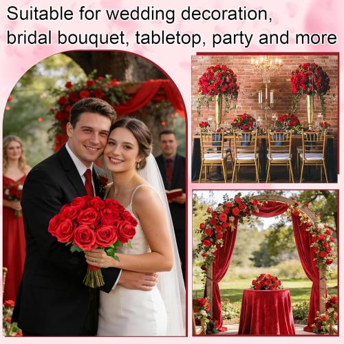 Red Roses Artificial Velvet Silk Flowers Fake Roses Bouquet with medium Stems for Valentines Gifts Wedding Centerpiece Bridal Anniversary DIY Floral Arrangment Home Decor, Red