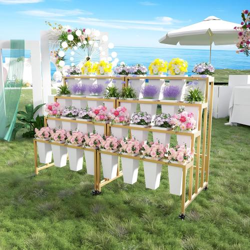 Flower Display Stand with 16 Buckets, 4 Layers Flower Bar, Gold Metal Plant Stand with Wheels, Heavy Duty Flower Cart for Indoor Outdoor Patio Garden Wedding Florist, Gold Metal Frame