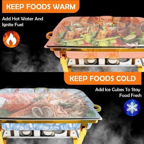ALSO GO Chafing Dishes for Buffet, Rectangular Chafing Dish Set with 4 Serving Tongs, 9QT 4 Pack Gold Chafing Dishes for Buffet, Party, Gatherings, Banquets, Weddings