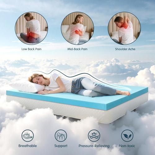 SyMax Queen Mattress Topper, Gel Infused Memory Foam Mattress Topper, Soft Bed Topper Mattress Pads for Bed, Sofa, RV, CertiPUR-US Certified, Blue, 3 Inch