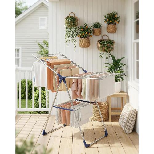 Sakugi Clothes Drying Rack with Height-Adjustable Wings, Metal Foldable Laundry Dryer Stand for Clothing & Bedding, Free-Standing Collapsible for Indoor & Outdoor Use, 55.5 L × 22.8 W, Silver Blue