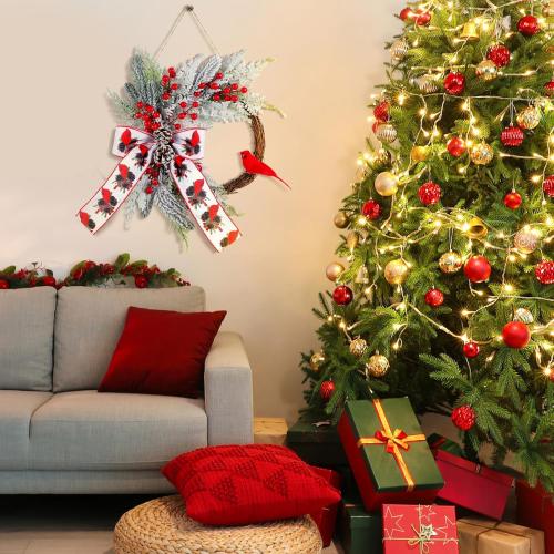 Hoteam 16 Inch Christmas Wreaths for Front Door Cardinal Christmas Ornaments Xmas Winter White Red Bird Berry Clusters Pine Cones Decor for Xmas Holiday Indoor Outdoor Home Window Gift