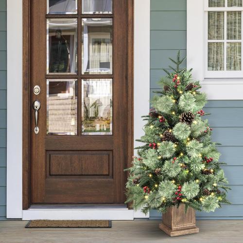 Jin&Bao 4FT Potted Christmas Tree with 100 Lights, 2 Pack Artificial Xmax Tree Timer Function with Long Pine Cones & Red Berries, 3AA Battery Operated Christmas Decorations for Outdoor, Porch