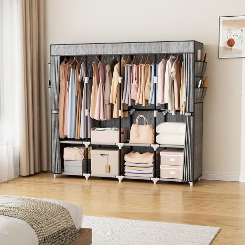 VTRIN Portable Closet for Hanging Clothes 67 Inch Wide Large Capacity Portable Wardrobe Closet with Cover, 4 Storage Shelves and 4 Hanging Rod Sturdy Free Standing Closet for Bedroom, Printing