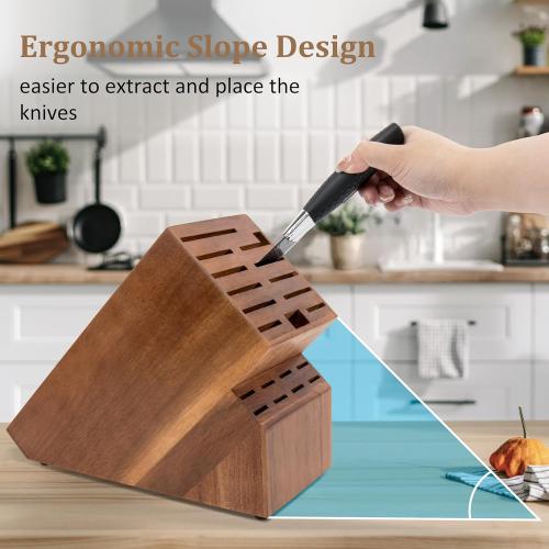 20 Slot Knife Block Storage without Knives,Acacia Wood Universal Knife Holder for Kitchen Countertop,Large Butcher Block Organizer,Easy Kitchen Knife Storage (Brown)