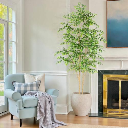 Nafresh Tall UV Resistant Ficus Tree Artificial，8ft(96in) Realistic Texture Potted Faux Ficus Tree， Fake Trees Indoor Outdoor for Home Office Living Room Bedroom Foyer Porch Decor.