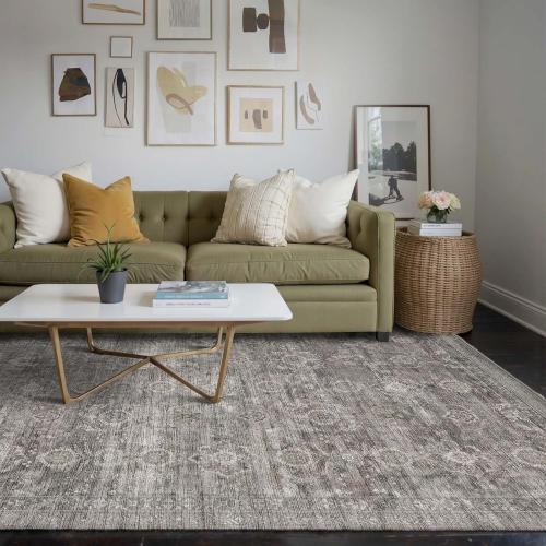 Rugxara Area Rugs for Living Room Bedroom, Grey Washable Rug, Vintage Retro Boho Rug, Non Slip & Low Pile Faux Wool Thin Carpet for Indoor Dining Room, Dorm and Kids Room