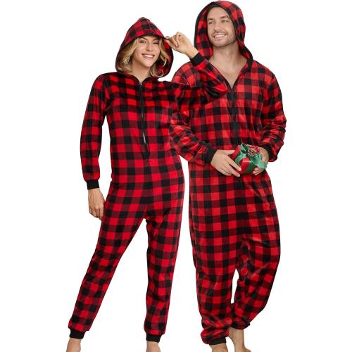 SIZE XXL U2SKIIN Couple Fleece Onesie Pajamas, Matching Plaid Hooded Zipper Pjs Set Christmas Jumpsuit Warm Sleepwear for Women & Men
