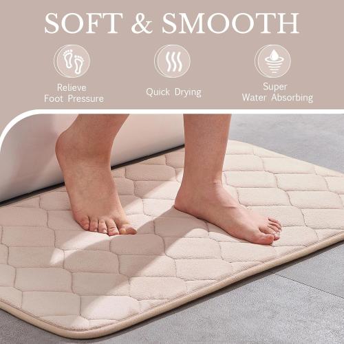 Memory Foam Bath Mat, Soft Velvet Bathroom Mats, Super Absorbent, Non-Slip, Thick Bath Rug for Bathroom, Toilet, Shower Machine Wash and Tub 16 X 24 Beige