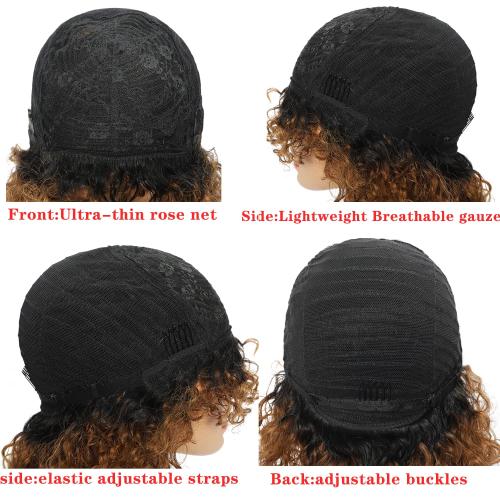 Curly Wig Human Hair For Black Women Shaggy Curly Bob Wig with Bangs 12'' 200% Density Wigs Human Hair Glueless Wear and Go Short Colored Kinky Curly Wigs Ombre Brown Afro Curly Wigs (12, 1B/30)