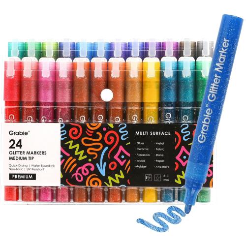 Grabie 24 Glitter Metallic Markers, Medium Tip Glitter Acrylic Paint Markers, Quick-Drying Water-based Ink Glitter Pens for Adults, DIY Crafts Making, Set of 24