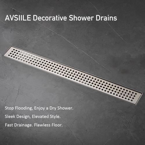 AVSIILE Linear Shower Floor Drain, Brushed Nickel 24 Inch 304 Stainless Steel Bathroom Drains Kit, Long Rectangular Shower Trench Drain with Square Pattern Drain Cover & Hair Catcher