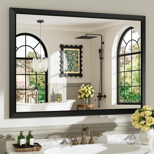 48x36 Inch Black Bathroom Mirror for Wall, Beveled Framed Rectangle Bathroom Vanity Mirrors for Over Sink, Bedroom, Living Room, Entryway, Anti-Rust, HD Tempered Glass, Horizontally/Vertically