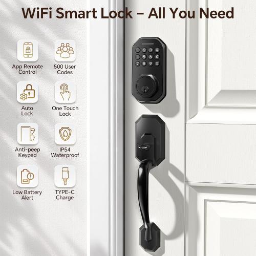 Ulecoce WiFi Smart Door Lock for Front Door, Keyless Entry Door Lock with App Control, Front Door Lock Set, Keypad Deadbolt with Handle Set, 5 Keys, Auto-Lock ＆ One-Touch Lock, One-time Codes, Black
