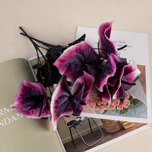 Tikea Black Artificial Flowers, 5 Pcs Artificial Anthurium Flowers with Stem for Halloween, Gothic Decor, Wedding, Home Decor and Vase Bouquet Floral Arrangement (Purple 13.4”)