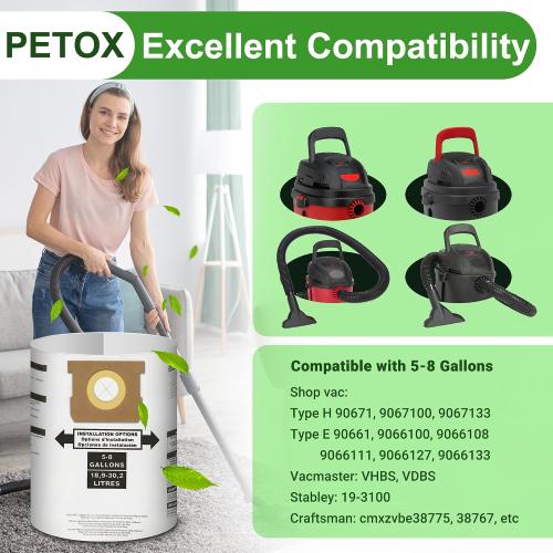 5-8 Gallon Vacuum Bags Replacement for Shop Vac Bags,Type E 90661 9066100 9066133, Type H 90671 9067100 9067133,VHBS,VDBS, PETOX High-Efficiency Disposable Vaccum Collection Filter Bags 3 Pack