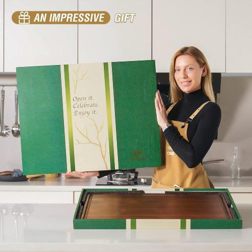 AZRHOM XXL Large Walnut Wood Cutting Board for Kitchen 24x18 (Gift Box) with Juice Groove Handles Non-slip Mats Thick Reversible Butcher Block Chopping Board