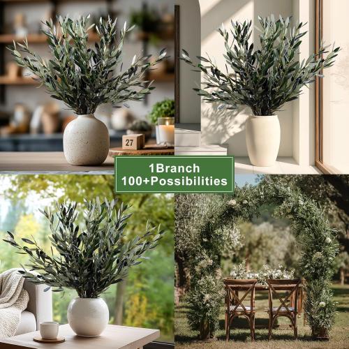 Bailikang 8PCS Premium Artificial Olive Branches for Vases - Realistic PU & Silk Faux Greenery Stems, 3 Sizes, Bendable Wire Stems, Low Maintenance Home/Office/Holiday Decor(No Vase