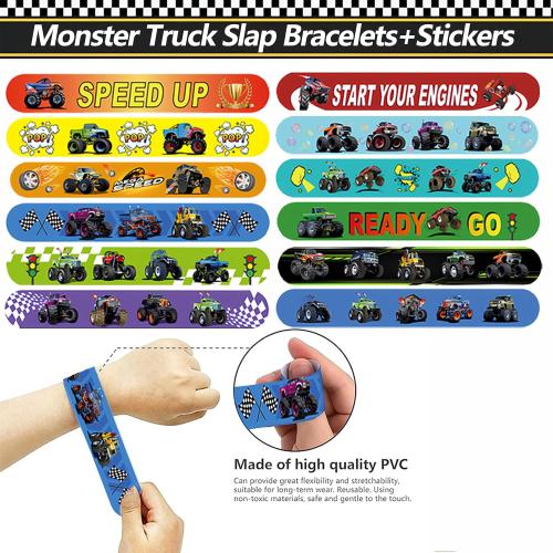 CZWXOXO 74Pcs Monster Car Theme Favors Contain 24 Pcs Slap Bracelets 50Pcs Stickers,Monster Car Theme Birthday Party Decorations,Classroom Rewards Supplies.