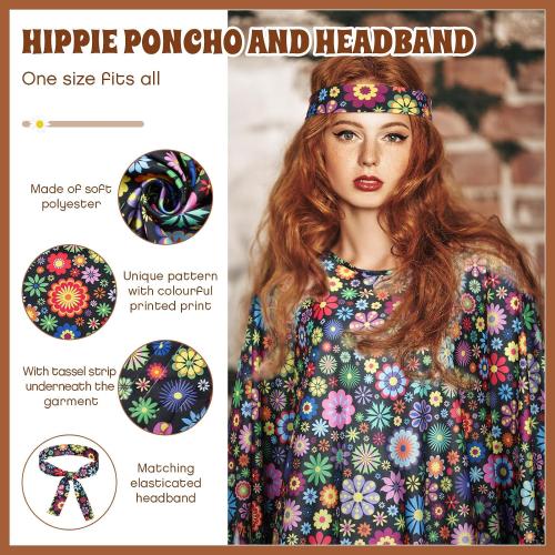 Hicarer 6 Pcs Hippie Costume Accessories Set Includes Headband Poncho Necklace Earrings Sunglasses for Women Girls