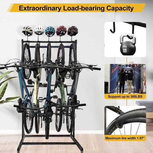 Black Upgraded Freestanding Bike Rack Storage - Vertical Bike Stand Max 5 Bikes with Helmet Holders, Heavy-Duty Solid Steel Bicycle Stand Indoor Garage Floor Stand