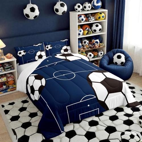 jejeloiu Football Comforter Set Twin Size Kids Soccer Ball Pattern Comforter for Boys Girls Teens Sports Theme Bedding Set Breathable Football Court Duvet Set Room Decor Quilt Set