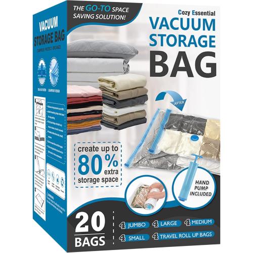 20 Pack Vacuum Storage Bags, Space Saver Bags (4 Jumbo/4 Large/4 Medium/4 Small/4 Roll) Compression for Comforters and Blankets, Sealer Clothes Storage, Hand Pump Included