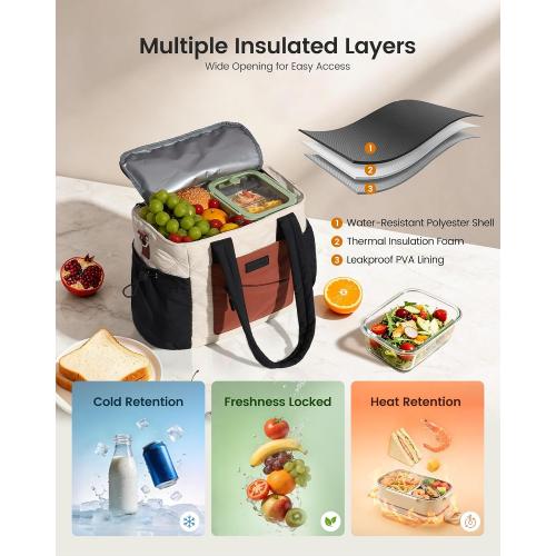 LOVEVOOK Lunch Box for Women, Quilted Insulated Lunch Bag Tote with 40oz Water Bottle Holder, Large Leakproof Cooler Bag for Women with Shoulder Strap, Work Office Nurse Teacher Picnic Travel
