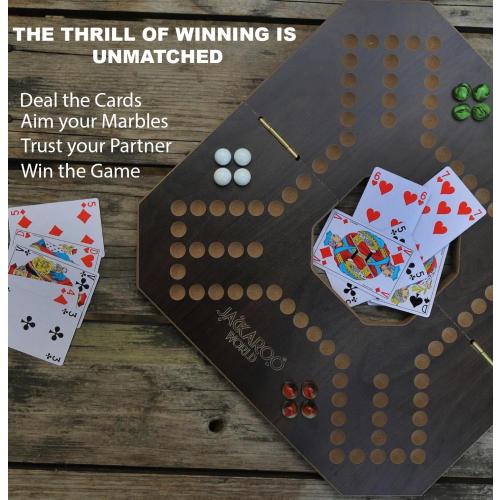 Jackaroo Board Game, 2-4 Player Marble Strategy Game, Solid Wooden Game with 16 Glass Marbles and 52 Cards, Marble Chase Game, Jokers and Marbles Board Game, Foldable Board with Carry Bag (Walnut)