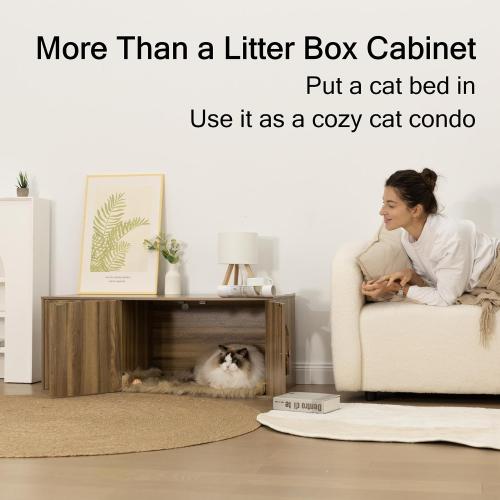 Cat Litter Box Enclosure Furniture with Storage, Hidden Litter Box Cabinet 42.5L x 18.5W x 16.9H, Double as Cat House TV Stand End Table for Living Room, Midcentury Modern Style (Pine, Plain Doors)