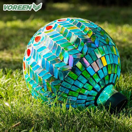 VOREEN Mosaic Gazing Ball, 10 Handmade Glass Reflective Garden Globe, Outdoor Yard Patio Lawn Decoration Sphere, Peacock Feather Design, Blue