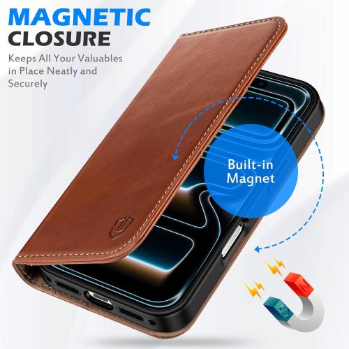 SHIELDON Genuine Leather Wallet Case for iPhone 17 Pro 6.3 2025 | Flip Cover | Magnetic Closure | RFID Blocking Credit Card Holder | Kickstand | Shockproof Phone Cover | Retro Brown
