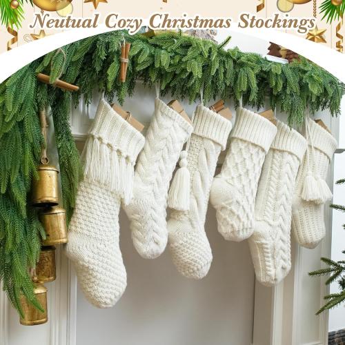 steo spce 6 Pack Vintage Knit Christmas Stockings – White Beige Apricot Rustic Boho Farmhouse Cable Knitted Holiday Set