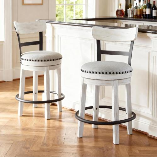 Signature Design by Ashley Valebeck | Modern Swivel 24.5 Counter Height Barstool – Rustic-Industrial Whitewash, Upholstered Cushion, 360° Swivel, Nailhead Trim