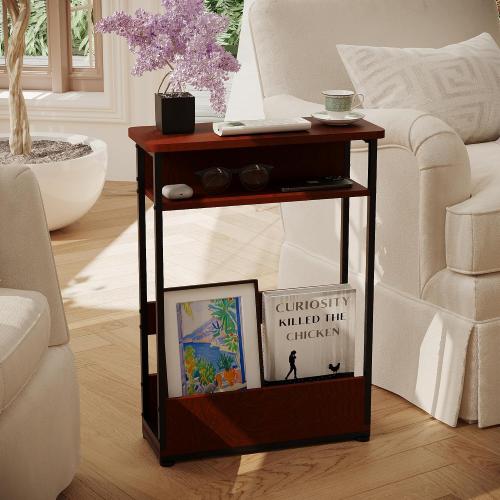 Vintage Narrow Side Table with Storage Shelf, 3 Tier Slim End Table Modern Sofa Table for Narrow and Small Spaces, 24.6 Inch Height Bedside Table Small Nightstand with Magazine Rack