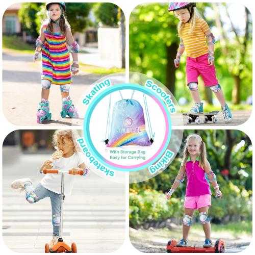 SULIFEEL Rainbow Unicorn Knee Pads for Kids Knee Elbow Pads Wrist Guards with Drawstring Bag Adjustable Protective Gear Set for Girls Boys Roller Skating Bike Scooter Gradient Colors Small