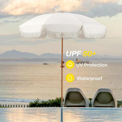 6.5ft Patio Umbrella with Fringe, Beach Umbrella, Fringe Umbrella Outdoor Patio with Hanging Hook, Tilting Aluminum Pole, UV 50 , Fiberglass Ribs, Elegant Cream
