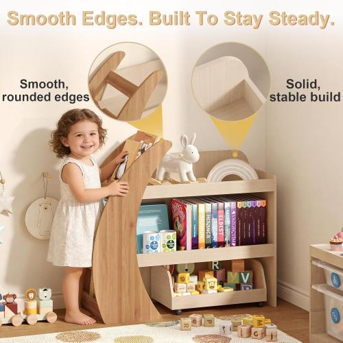 Kids Bookshelf with Toy Storage and Movable Drawer, Wooden Montessori Bookcase Organizer for Toddlers and Children