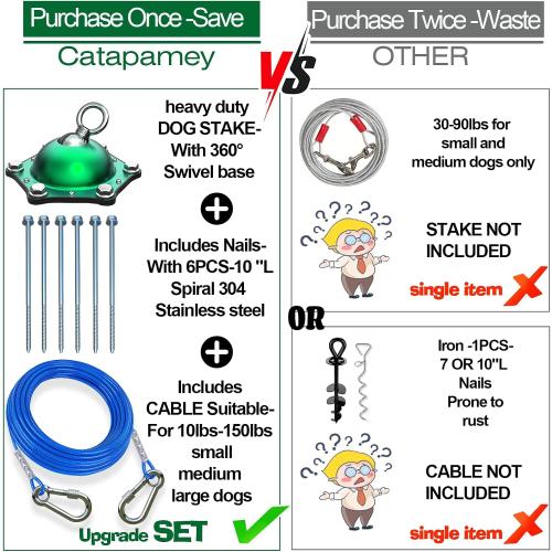 Catapamey Dog Tie Out Cable and Stake,360°Swivel Dog Run Anchors-with 15FT Heavy Duty tie Out Cable- No Tangle,Dog Runner for Yard- Up to 200 lbs,for Outdoor Camping Gift