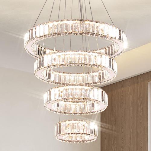 Modern Crystal Chandeliers 4 Ring LED Crystal Pendant Light DIY Adjustable High Chandelier for Dining Room Living Room Bedroom (3 Color Changeable)