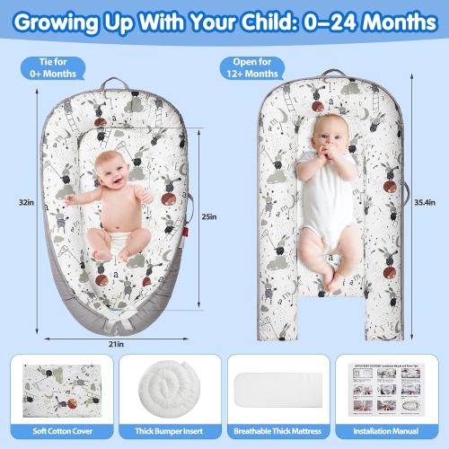 Color White and Grey elephants Baby Lounger - Breathable & Soft Baby Nest, Portable and Lightweight Tummy Time Lounger for Home and Travel, Ideal Newborn Babies Essentials Baby Shower Gifts