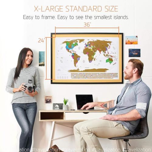 XL Scratch Off World Map with 196 Country Flags 36 x 24 Frameable Travel Map with Vibrant Colors and Premium Gold Coating, Beautiful Visited Places Tracker for Travelers, White