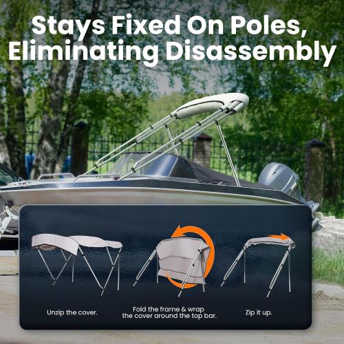 3-4 Bow Bimini Boat Top Cover Sun Shade Boat Canopy Waterproof 1 Inch Stainless Aluminum Frame 46 Height with Rear Support Poles and Storage Boot 6 Colors -11 Sizes