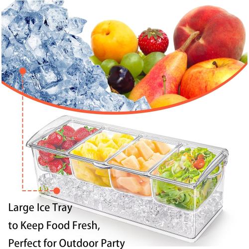 Jucoan Large Ice Chilled Condiment Server with Lid, 4 Compartments Chilled Condiment Caddy, Bar Garnish Serving Platter Holder Tray for Mimosa Taco Salad Bar, 2 Tongs, 6 Forks